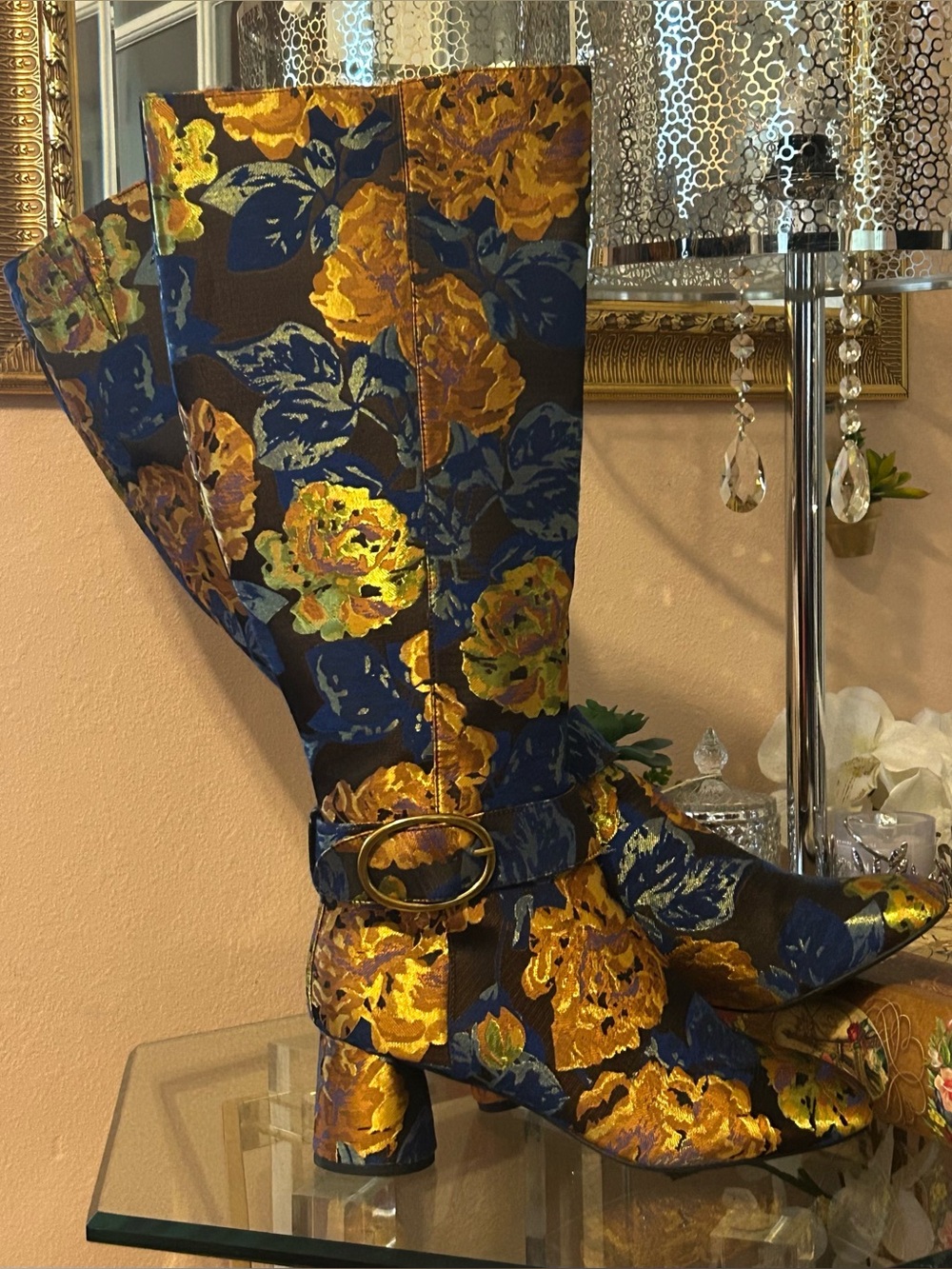 RARE * Rara Avis Iris Floral Jacquard Knee-High Heeled Boots Blue & Gold Size 10
